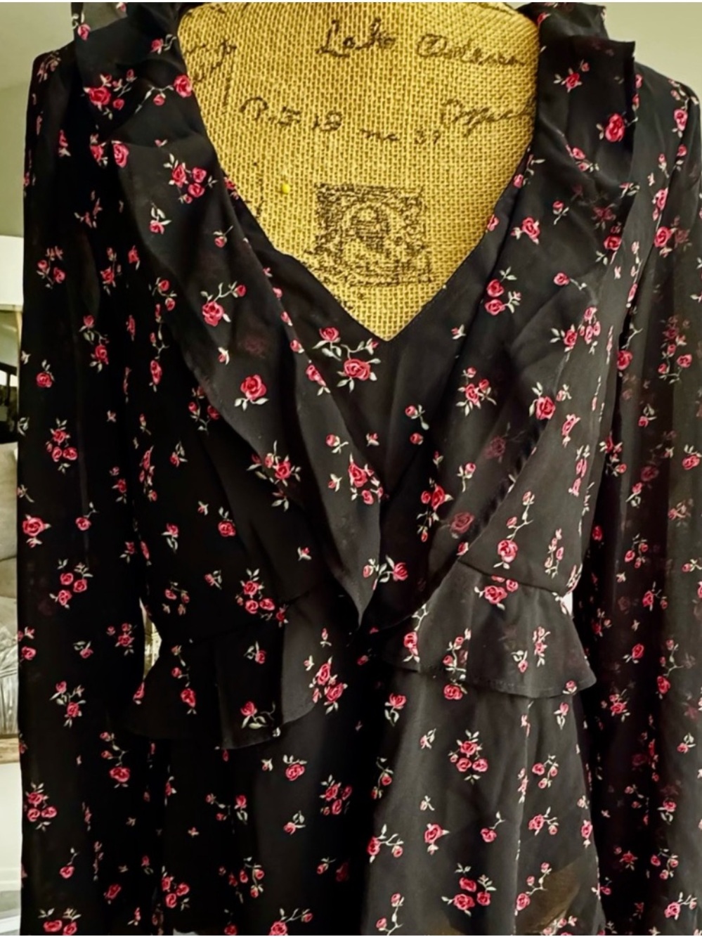 H&M Black Top with Red Floral Pattern